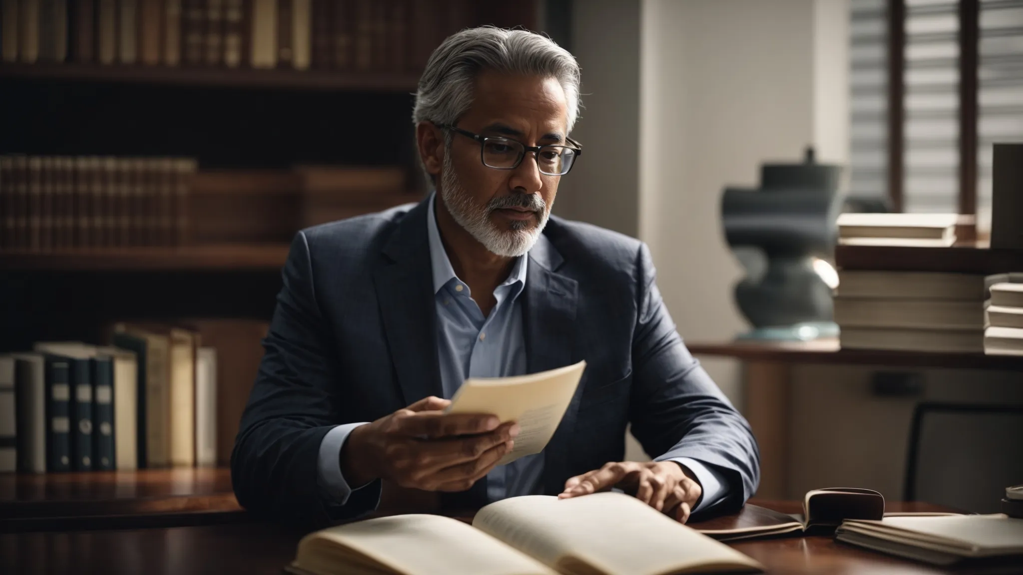 a focused physician consulting a medical book in a well-lit, tranquil office, symbolizing ongoing learning and dedication.