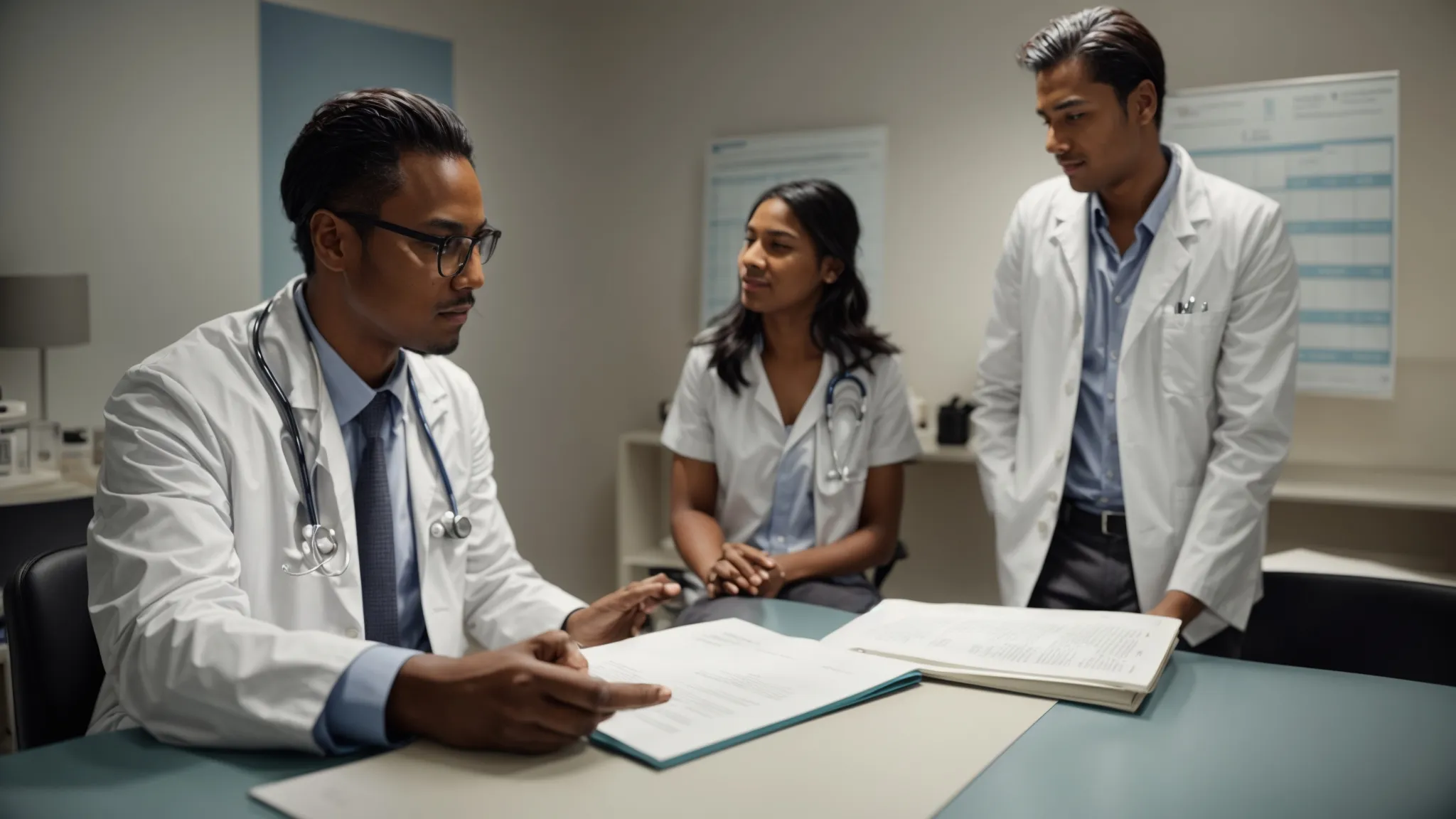 a physician and a patient conversing in a well-lit consultation room, with medical charts and a computer in the background.