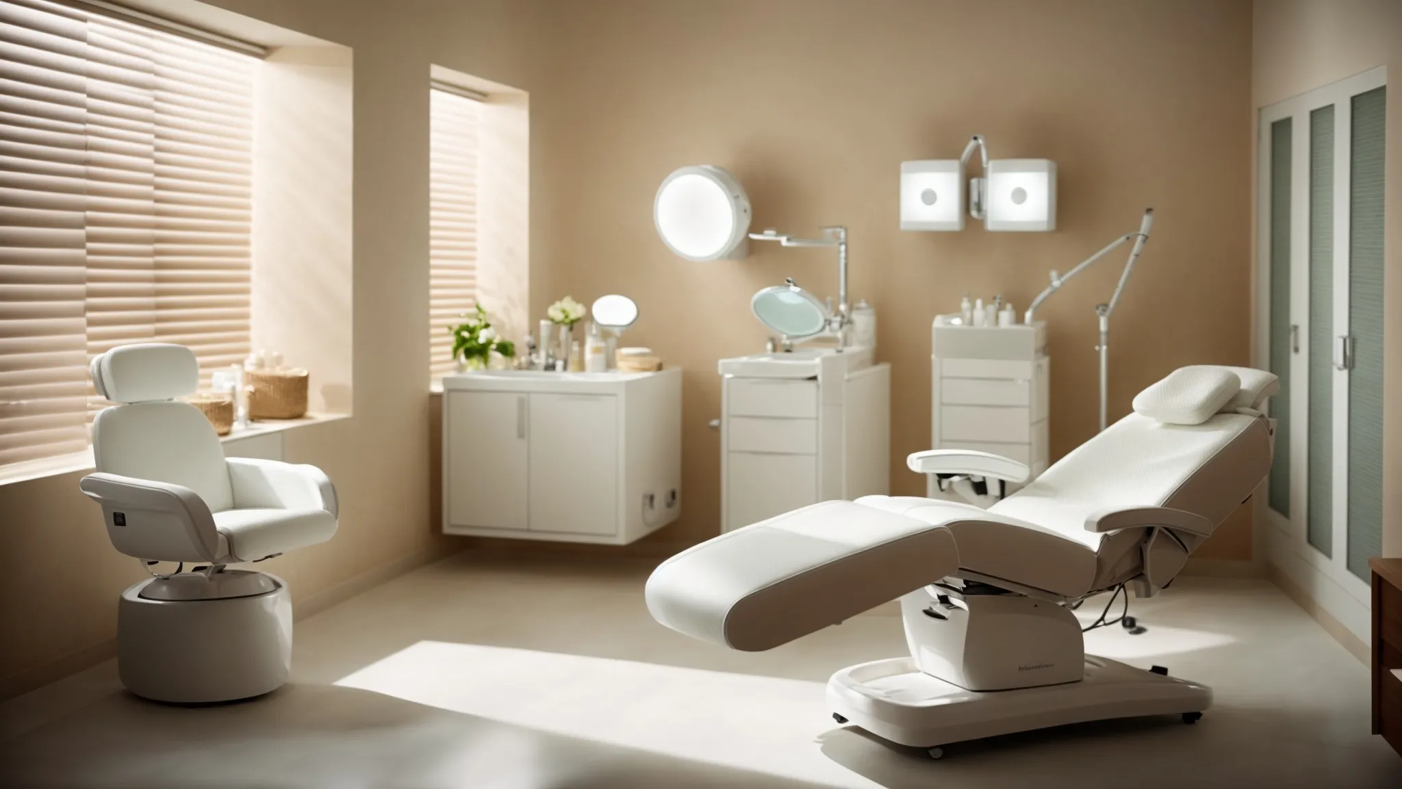 a serene med spa room illuminated with soft lighting, highlighting a comfortable reclining treatment chair and state-of-the-art microneedling equipment prepared on a sterile tray.